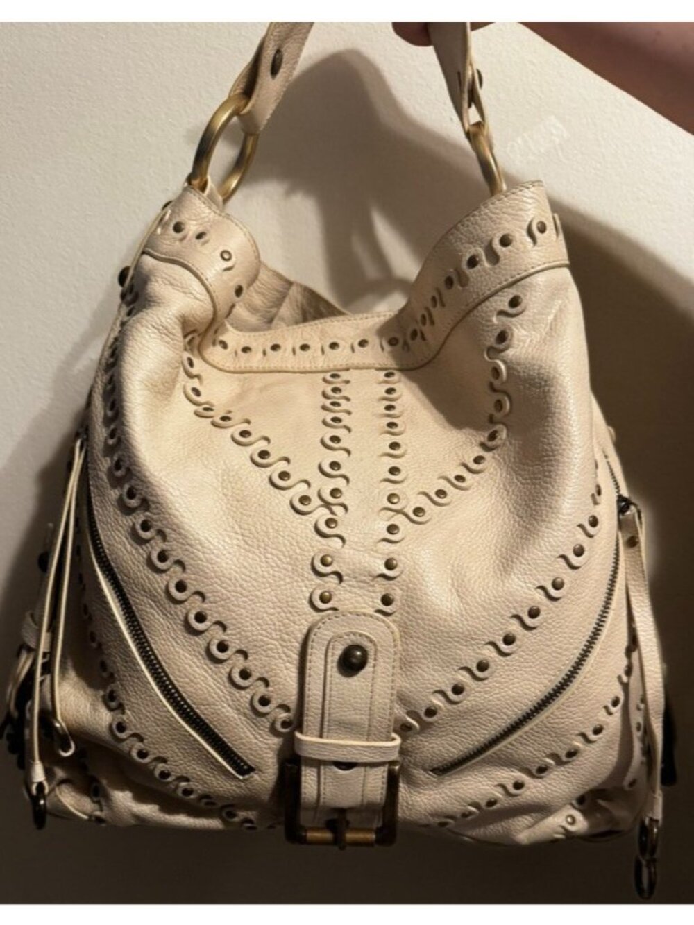Vtg Besso Cream Italy Studded Leather Shoulder hobo Bag Y2K Western Boho Buckle - Picture 6 of 16